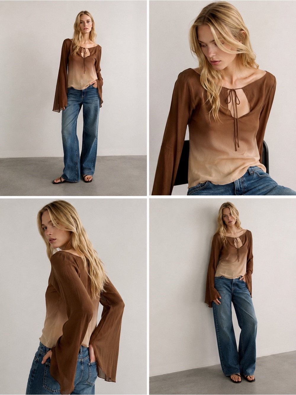 Monsoon 100% Silk Brown Ombre Bell Sleeve Top UK 8 US 4